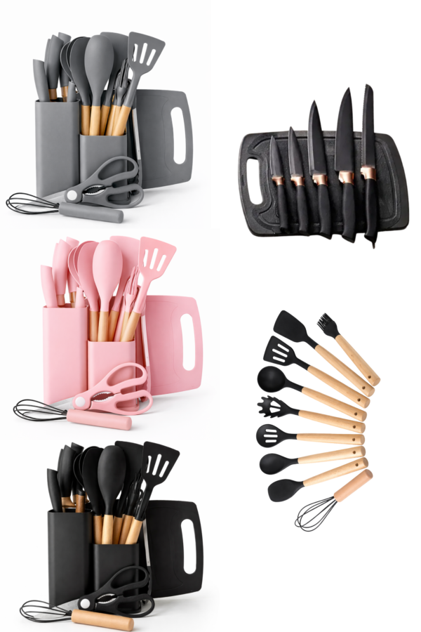 Set Utensilios Cocina 19 Piezas Silicona Madera Cuchillos