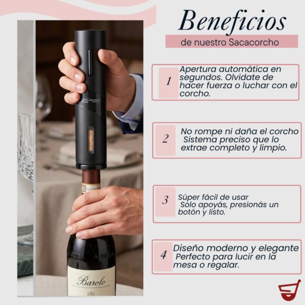 1 (1) Sacacorchos Automatico Recargable Usb Cortador Vino Botellas Negro