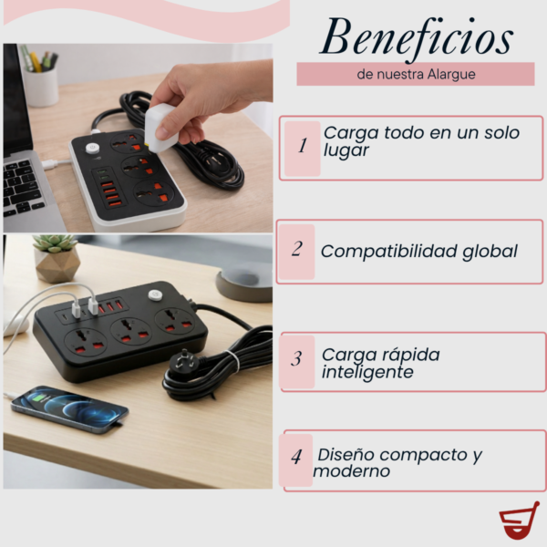 1 Alargue Zapatilla Inteligente Usb Tipo C 3 Tomas 220v