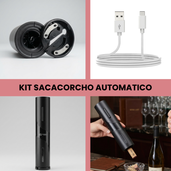 2 (1) Sacacorchos Automatico Recargable Usb Cortador Vino Botellas Negro