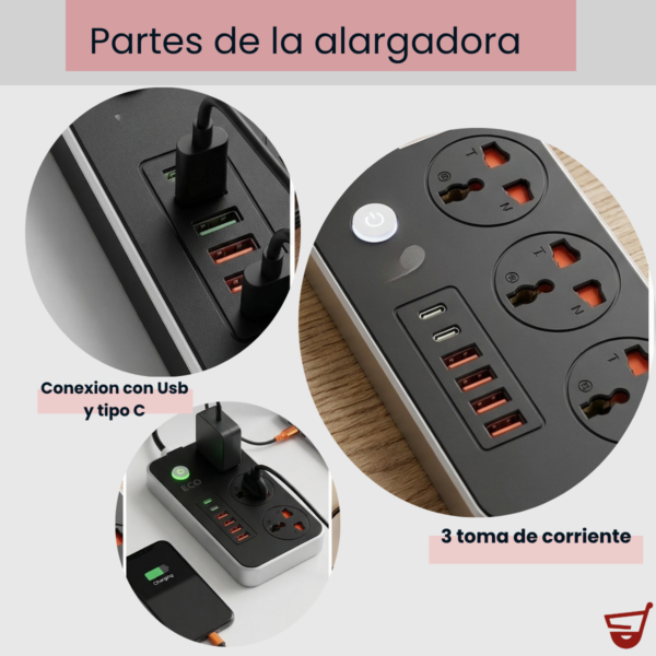 2 Alargue Zapatilla Inteligente Usb Tipo C 3 Tomas 220v