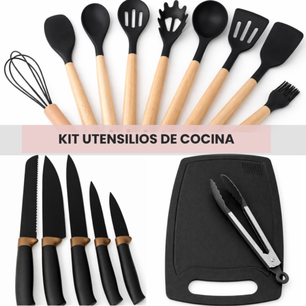 Set Utensilios Cocina 19 Piezas Silicona Madera Cuchillos