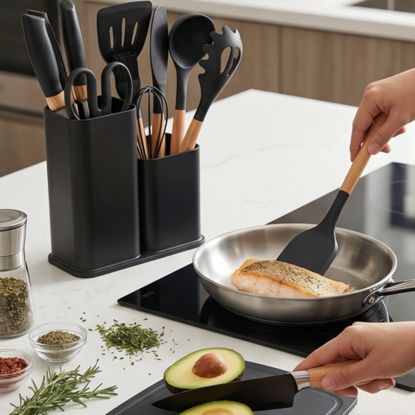Set Utensilios Cocina 19 Piezas Silicona Madera Cuchillos