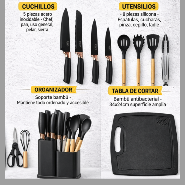 Set Utensilios Cocina 19 Piezas Silicona Madera Cuchillos