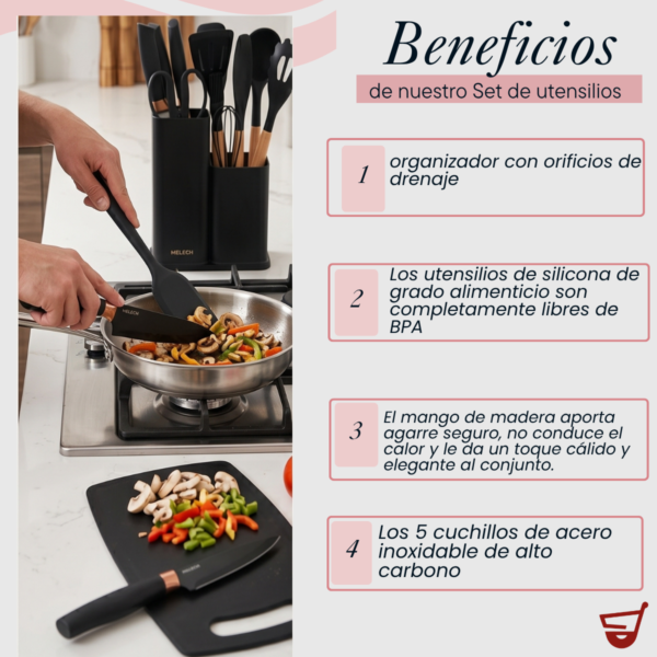 Set Utensilios Cocina 19 Piezas Silicona Madera Cuchillos
